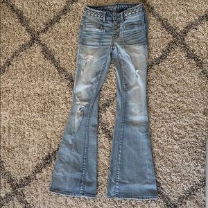 American Eagle light wash distressed flared jeans